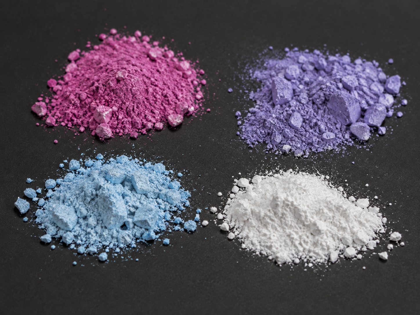 Fictional counterfeit powder samples in dark pink, light purple, light blue, and white